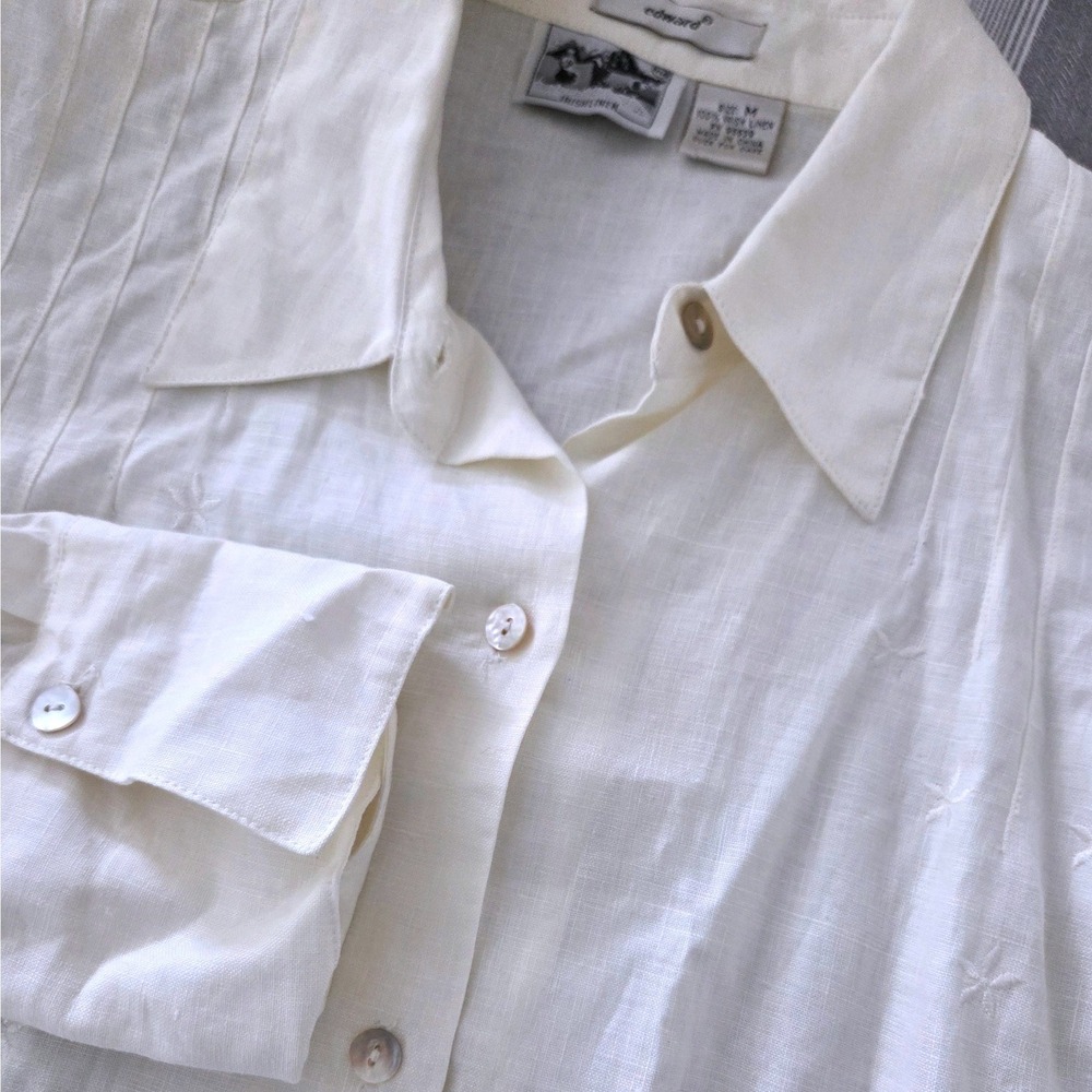 VTG Edward Cream 100% Irish Linen Pintuck Embroidered Stars Button Shirt Sz M